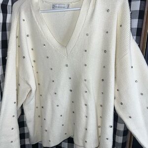 New York & Company Cream V-Neck Sweater with Embellishments